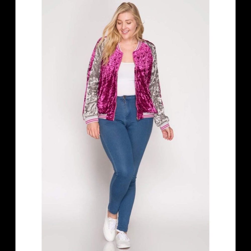 Plus Size Magenta & Silver Velvet Bomber Jacket